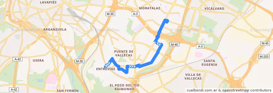 Mapa del recorrido Bus 144: Entrevías → Pavones de la línea  en Madrid.