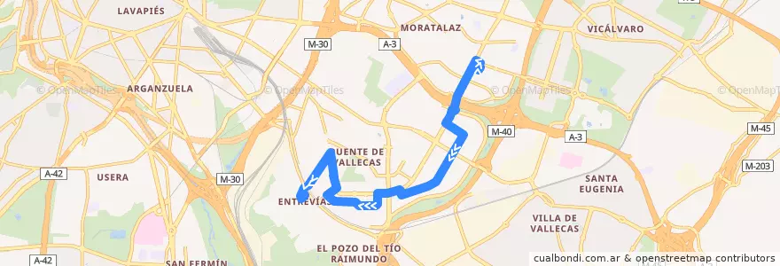 Mapa del recorrido Bus 144: Pavones → Entrevías de la línea  en Madrid.