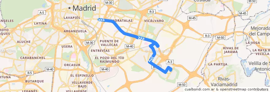 Mapa del recorrido Bus 145: Conde Casal → Ensanche Vallecas de la línea  en Madrid.