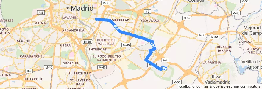Mapa del recorrido Bus 145: Ensanche Vallecas → Conde Casal de la línea  en مدريد.