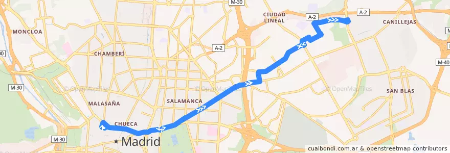 Mapa del recorrido Bus 146: Callao → Los Molinos de la línea  en Madrid.