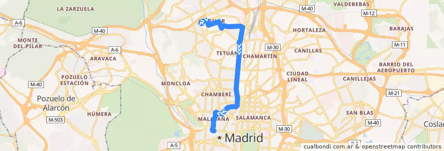 Mapa del recorrido Bus 147: Barrio Del Pilar → Callao de la línea  en Madrid.