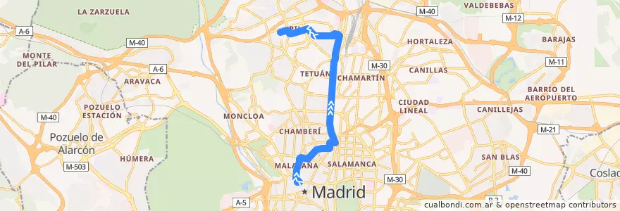 Mapa del recorrido Bus 147: Callao → Barrio Del Pilar de la línea  en Madrid.