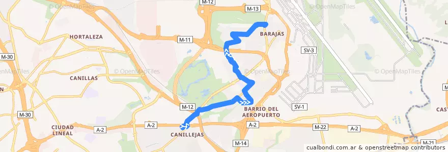Mapa del recorrido Bus 151: Canillejas → Barajas de la línea  en Madrid.