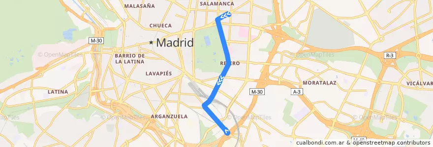 Mapa del recorrido Bus 152: Felipe II → Méndez Álvaro de la línea  en Madrid.