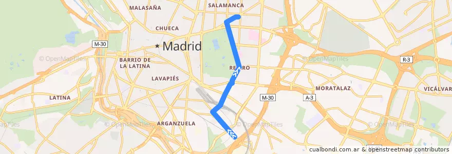 Mapa del recorrido Bus 152: Méndez Álvaro → Felipe II de la línea  en Madrid.