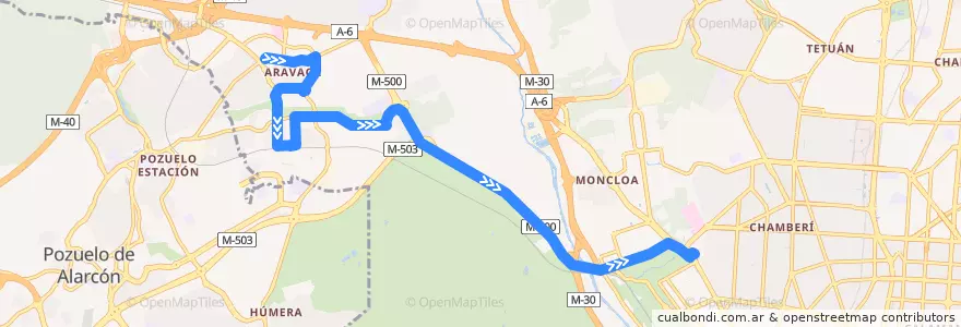 Mapa del recorrido Bus 160: Aravaca → Moncloa de la línea  en Madrid.