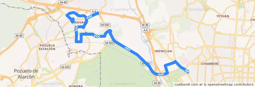 Mapa del recorrido Bus 160: Moncloa → Aravaca de la línea  en Madrid.
