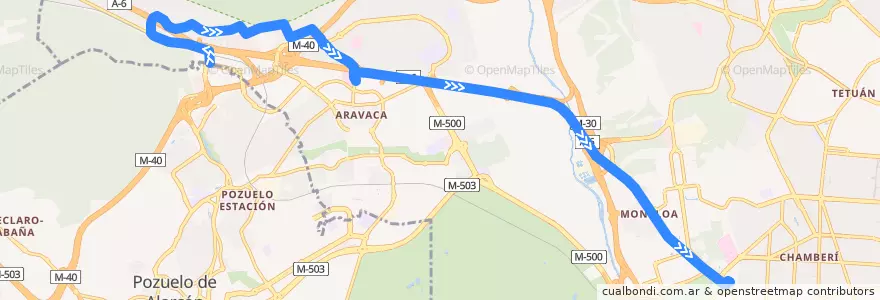 Mapa del recorrido Bus 162: El Barrial → Moncloa de la línea  en Madrid.