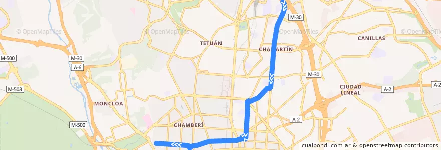 Mapa del recorrido Bus 16: Pio XII → Moncloa de la línea  en مدريد.