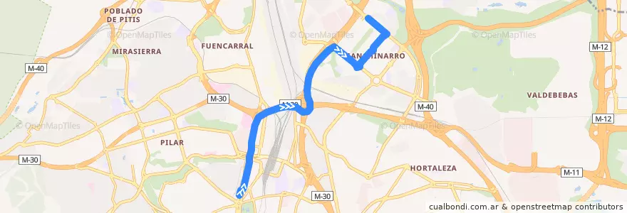 Mapa del recorrido Bus 173: Plaza Castilla → Sanchinarro de la línea  en 마드리드.