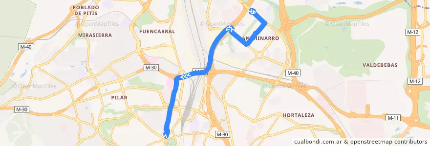 Mapa del recorrido Bus 173: Sanchinarro → Plaza Castilla de la línea  en Мадрид.