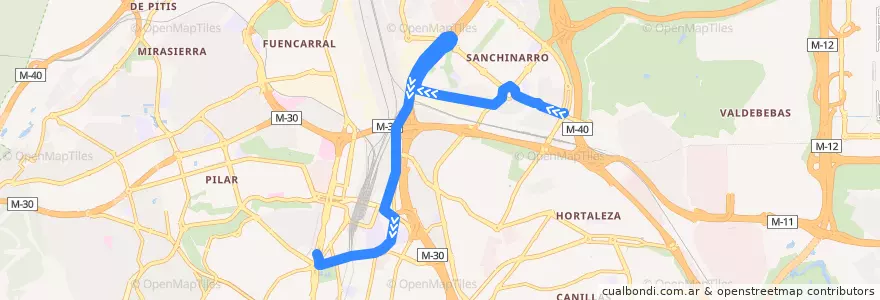 Mapa del recorrido Bus 174: Sanchinarro Este → Pza. Castilla de la línea  en Madrid.
