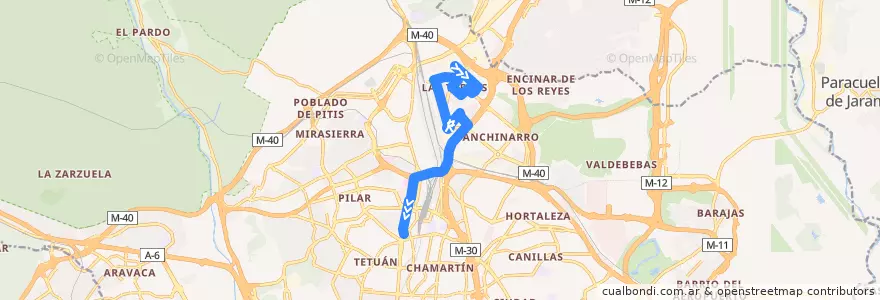 Mapa del recorrido Bus 176: Las Tablas Sur → Plaza Castilla de la línea  en Madrid.