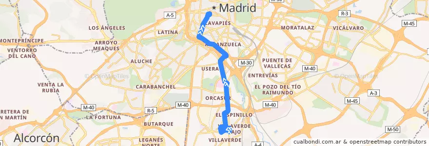 Mapa del recorrido Bus 18: Villaverde Cruce → Plaza Mayor de la línea  en Madrid.