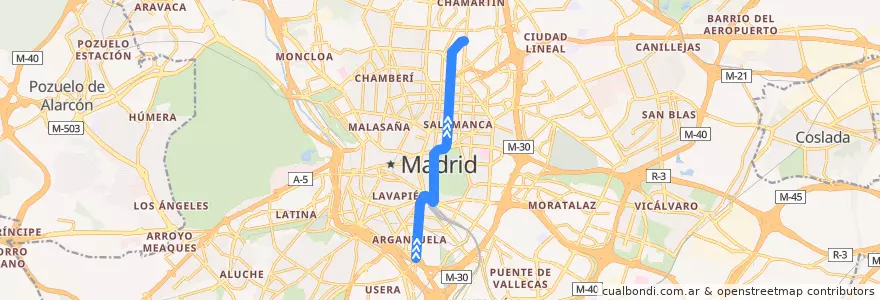 Mapa del recorrido Bus 19: Legazpi → Plaza Cataluña de la línea  en 마드리드.