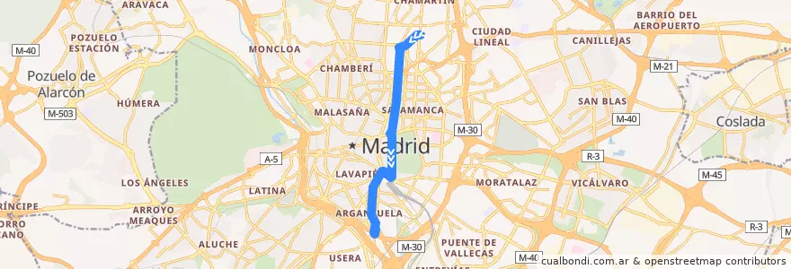 Mapa del recorrido Bus 19: Plaza Cataluña → Legazpi de la línea  en Madrid.