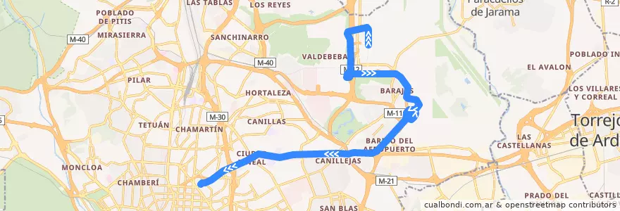 Mapa del recorrido Bus 200: Aeropuerto → Avenida America de la línea  en Madrid.