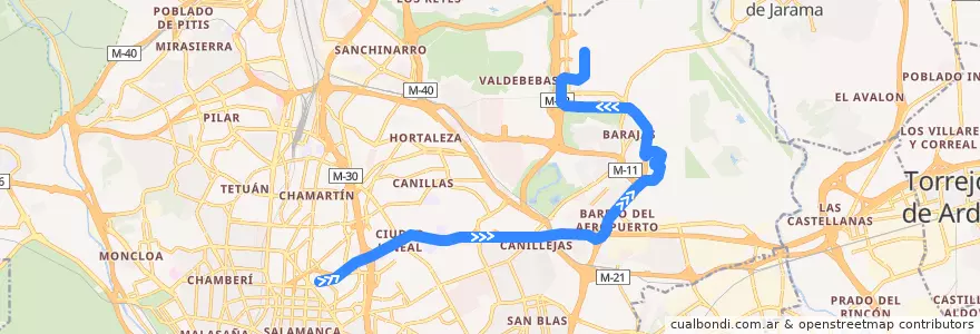 Mapa del recorrido Bus 200: Avenida America → Aeropuerto de la línea  en Madrid.