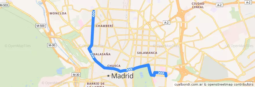 Mapa del recorrido Bus 202: Reina Victoria → H. G. Marañón de la línea  en Madrid.