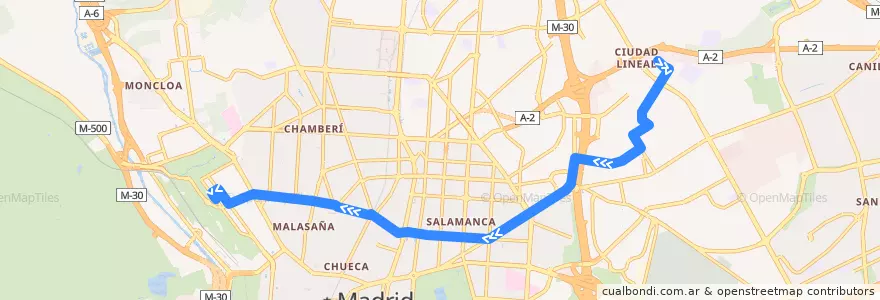 Mapa del recorrido Bus 21: El Salvador → Pintor Rosales de la línea  en Madrid.