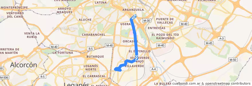 Mapa del recorrido Bus 22: Legazpi → Villaverde Alto de la línea  en Madrid.