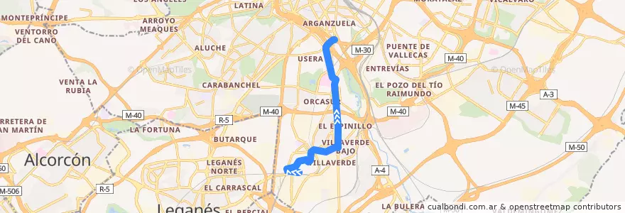 Mapa del recorrido Bus 22: Villaverde Alto → Legazpi de la línea  en Madrid.