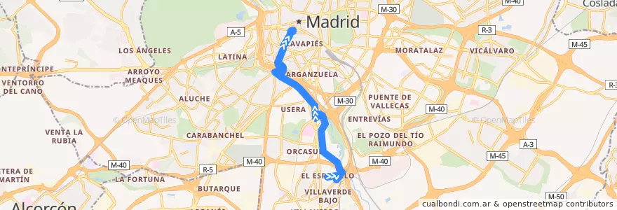 Mapa del recorrido Bus 23: El Espinillo → Plaza Mayor de la línea  en Madrid.