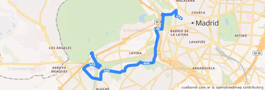 Mapa del recorrido Bus 25: Ópera → Casa de Campo de la línea  en Madrid.