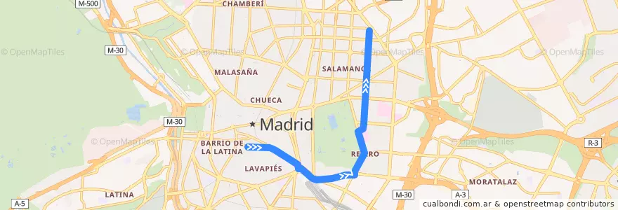 Mapa del recorrido Bus 26: Tirso de Molina → Diego de León de la línea  en Madrid.