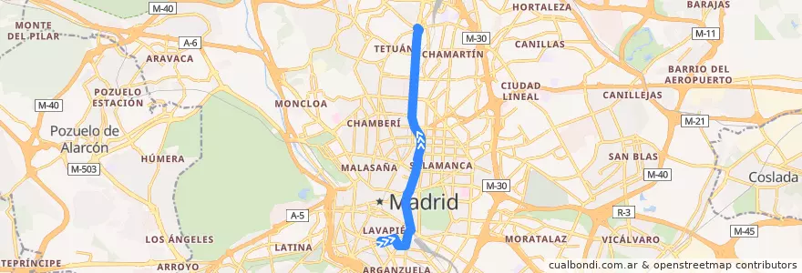 Mapa del recorrido Bus 27: Embajadores → Plaza Castilla de la línea  en Madrid.
