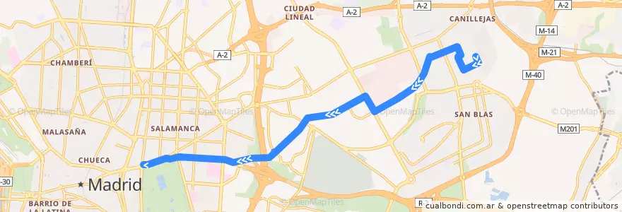 Mapa del recorrido Bus 28: Bº Canillejas → Puerta Alcalá de la línea  en 마드리드.