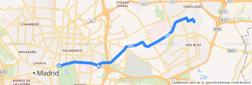 Mapa del recorrido Bus 28: Puerta Alcalá → Bº Canillejas de la línea  en Madrid.