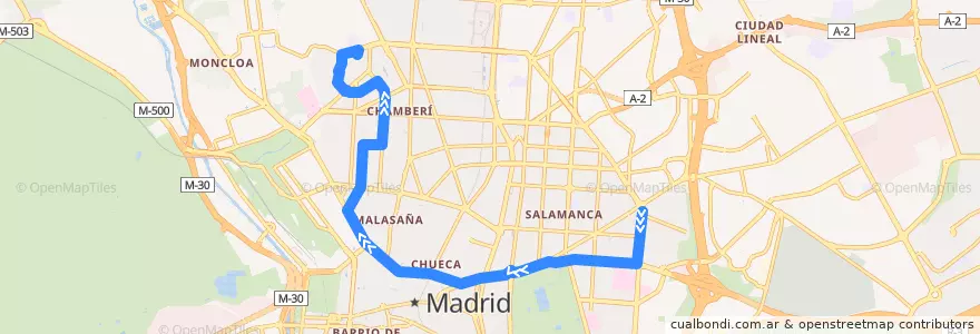 Mapa del recorrido Bus 2: Manuel Becerra → Reina Victoria de la línea  en 마드리드.