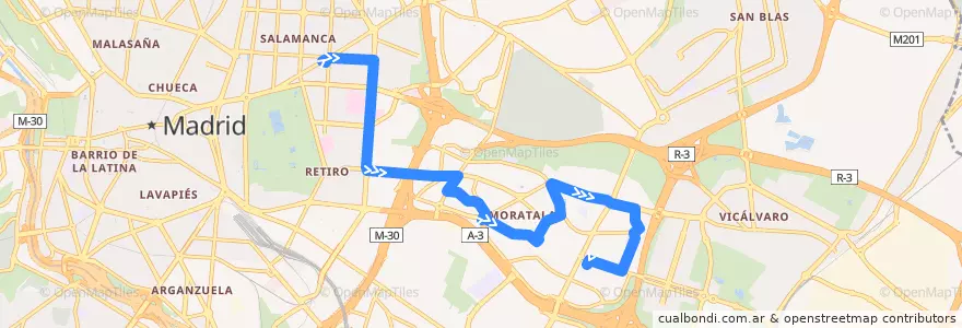 Mapa del recorrido Bus 30: Felipe II → Pavones de la línea  en مدريد.