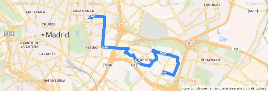 Mapa del recorrido Bus 30: Pavones → Felipe II de la línea  en Madrid.