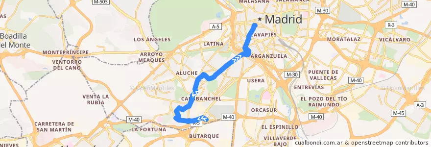 Mapa del recorrido Bus 35: Carabanchel Alto → Plaza Mayor de la línea  en Área metropolitana de Madrid y Corredor del Henares.