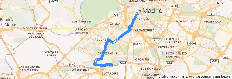 Mapa del recorrido Bus 35: Plaza Mayor → Carabanchel Alto de la línea  en Área metropolitana de Madrid y Corredor del Henares.