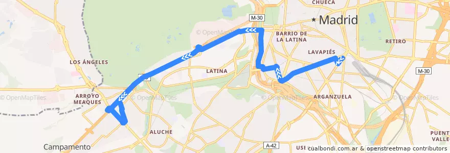 Mapa del recorrido Bus 36: Atocha → Campamento de la línea  en Madrid.