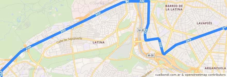 Mapa del recorrido Bus 36: Campamento → Atocha de la línea  en Madrid.