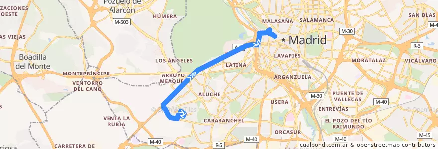 Mapa del recorrido Bus 39: San Ignacio → Ópera de la línea  en Madrid.