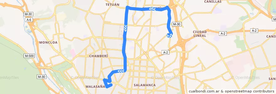 Mapa del recorrido Bus 40: Plaza de Castilla → Tribunal de la línea  en Madrid.