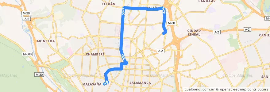 Mapa del recorrido Bus 40: Tribunal → Plaza de Castilla de la línea  en Madrid.
