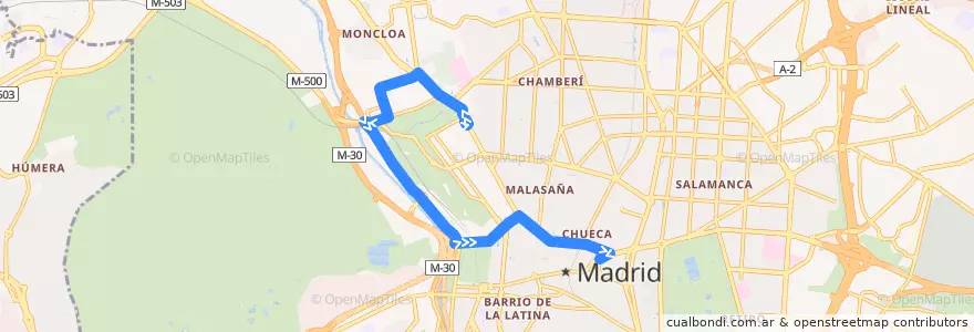 Mapa del recorrido Bus 46: Moncloa → Sevilla de la línea  en Madrid.