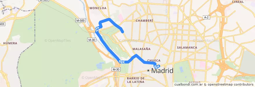Mapa del recorrido Bus 46: Sevilla → Moncloa de la línea  en Madrid.