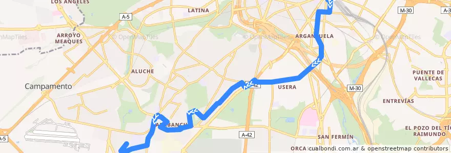 Mapa del recorrido Bus 47: Atocha → Carabanchel Alto de la línea  en Madrid.
