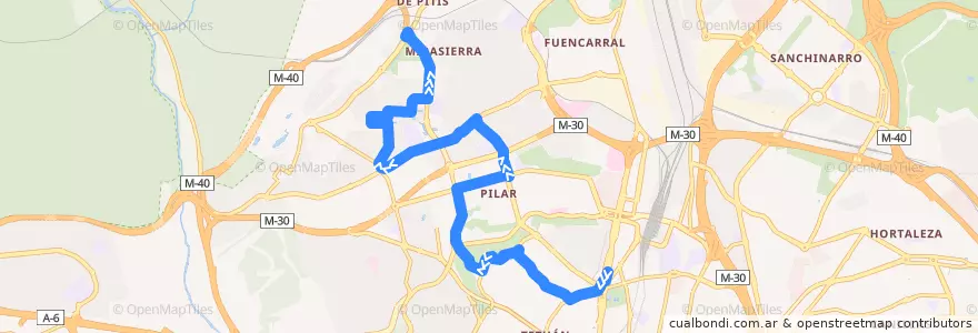 Mapa del recorrido Bus 49: Plaza Castilla → Arroyo Fresno de la línea  en مدريد.