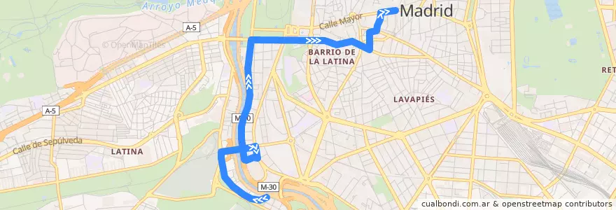 Mapa del recorrido Bus 50: Avenida Manzanares → Sol de la línea  en Madrid.