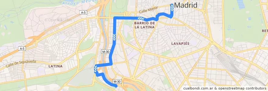 Mapa del recorrido Bus 50: Sol → Avenida Manzanares de la línea  en Madrid.