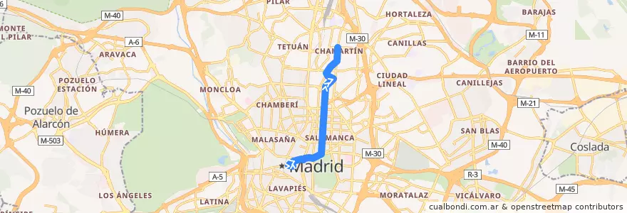 Mapa del recorrido Bus 51: Sol → Plaza Perú de la línea  en Madrid.